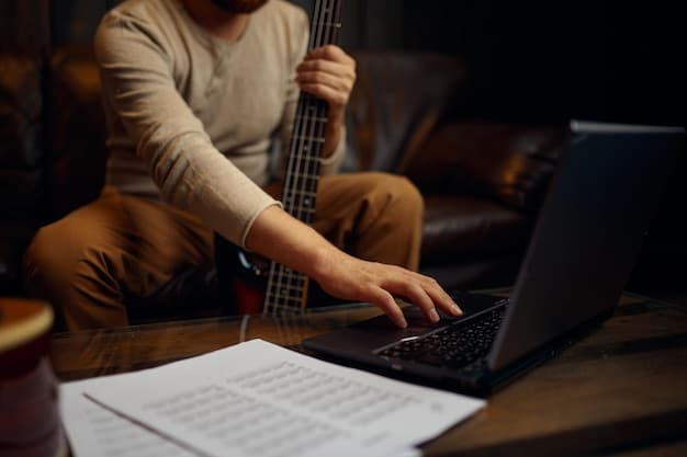 A focused shot of a musician meticulously working on a grant application on their laptop, surrounded by musical instruments and notes. The scene conveys dedication, preparation, and the fusion of artistic expression with the business side of music.