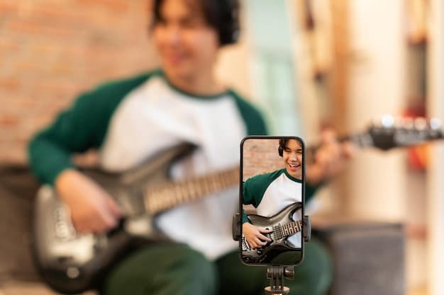 A split-screen image showcasing a new rock band on one side and the TikTok interface on the other. The band is recording a short, energetic clip, while the TikTok side displays comments and likes rapidly increasing. The scene conveys the immediate impact and engagement that TikTok can provide for emerging artists.