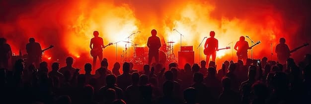 A panoramic view of a rock band performing live on stage, with a crowd of enthusiastic fans cheering and singing along. The stage is illuminated with vibrant lights, capturing the energy and excitement of a live rock concert.
