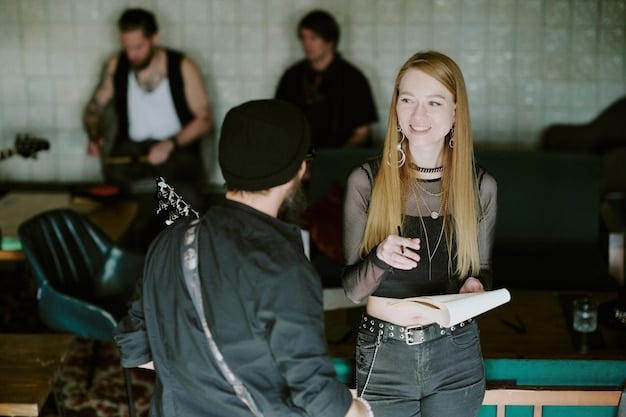 Rock band members gathered around a table, reviewing a contract with their lawyer.