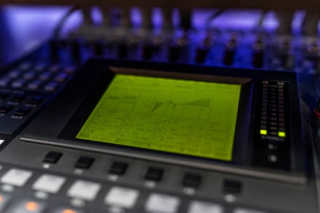 A close-up of a sound mixing board in a professional recording studio. The focus is on the illuminated levels and various knobs and buttons, conveying a sense of technical expertise and the complexity of music production.