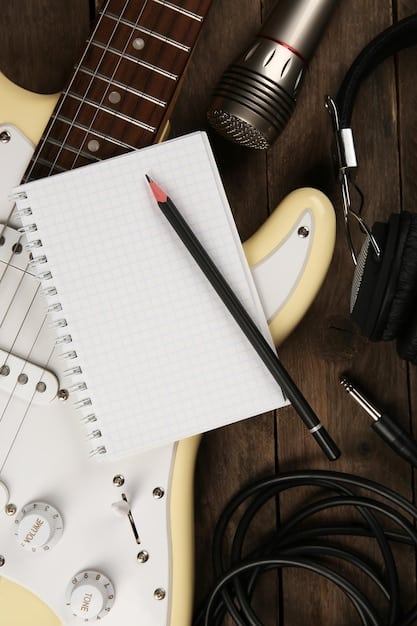Close-up, candid shot of a rock band brainstorming song ideas in a dimly lit studio, surrounded by instruments and notebooks, with a sense of focused collaboration.