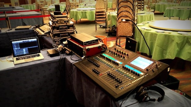 A photo of a cluttered recording studio with instruments and sound equipment, emphasizing the raw, creative process of rock music production.