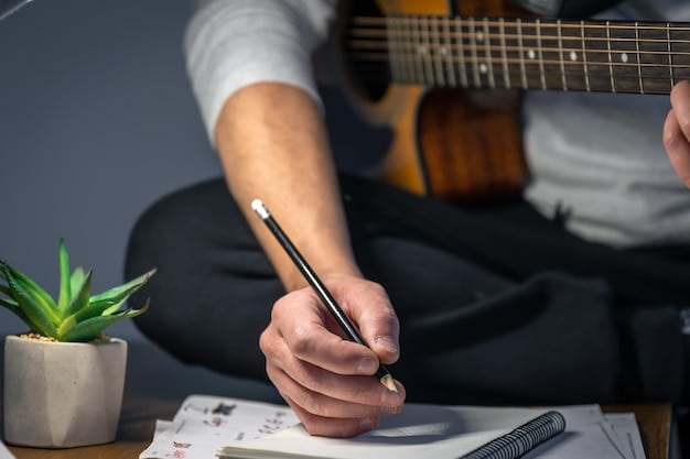 Close-up shot of a band member writing on an acoustic guitar, symbolizing the creative process and personalized engagement.