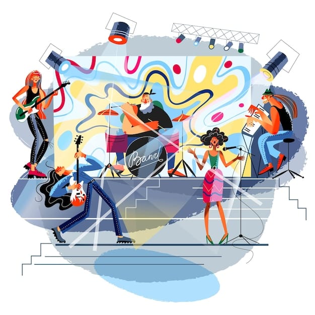 A graphic illustration depicting a rock band performing on stage, with various media icons (film reel, TV screen, video game controller, advertisement banner) surrounding them, symbolizing music licensing opportunities.