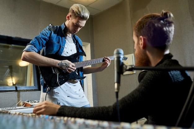 A rock band recording in a professional studio, with the sound engineer adjusting the levels and the musicians focused on their performance.