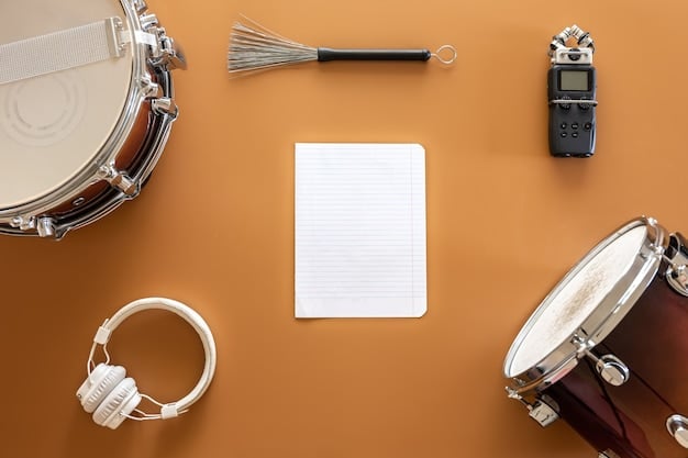 A rock band's press kit laid out on a wooden table, featuring professionally printed photos, a CD, and a booklet. The lighting is warm and natural, highlighting the textures of the materials.