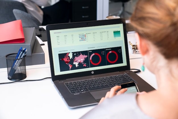 A close-up view of a laptop screen showcasing various social media analytics dashboards. The graphs and charts display engagement rates, audience demographics, and post performance metrics, with the artist's reflection visible in the screen, symbolizing their focused attention on analyzing the data.