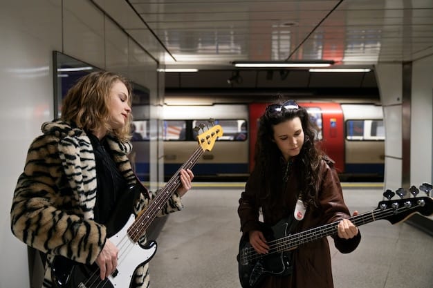 An emerging rock artist standing confidently with their band in front of a venue, holding promotional materials like CDs and flyers. They're smiling and engaging with passersby, showcasing their personal brand and music.