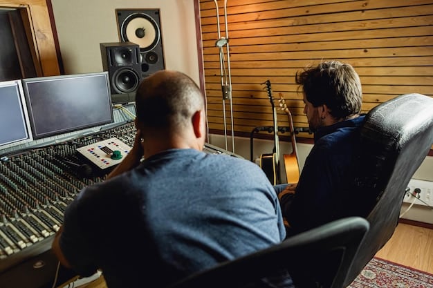 A photo of a recording studio control room, with a band arguing around the mixing console. The atmosphere is tense, with frustrated expressions visible on the band members' faces, highlighting the creative conflicts that often occur during the recording process.