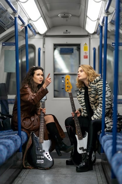 A relaxed, candid shot of the rock band sitting together on a tour bus, laughing and sharing stories. The atmosphere is jovial and intimate, showcasing the strong bond between the band members.