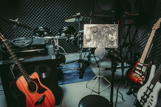 A wide shot of a recording studio with various instruments set up, including guitars, drums, and keyboards. The lighting is warm and inviting, suggesting a creative and collaborative atmosphere. Microphones are positioned strategically, ready to capture the next musical idea.