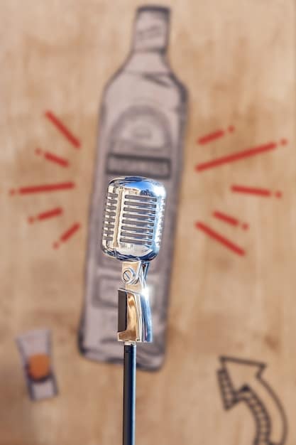 A close-up shot of a vintage microphone, slightly blurred, with a handwritten setlist partially visible in the background, suggesting the intimate and creative environment of a rock interview.
