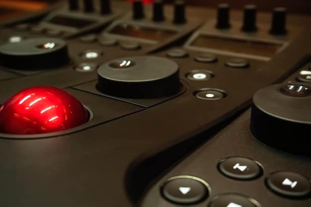 A close-up shot of a recording studio, focusing on a mixing console with multiple knobs and faders. The lighting is dim and focused, highlighting the equipment. A guitar leans against the wall in the background, slightly out of focus.