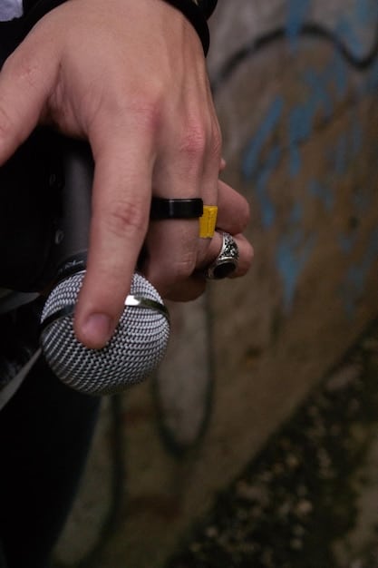 A close-up shot of a microphone being held in front of a rock artist, with the background blurred. The artist is wearing a leather jacket and has long hair. The focus is on the microphone and the artist's expression, conveying intensity and passion.