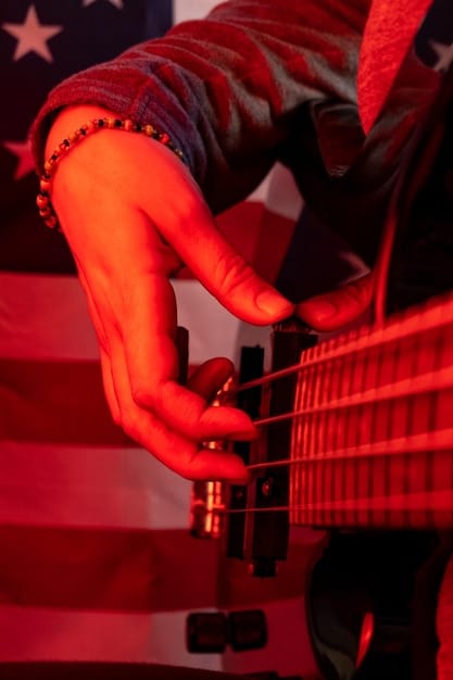 A close-up shot of Bruce Springsteen in concert, capturing his passionate delivery and connection with the audience. He's bathed in stage lighting, holding his guitar, and his face is etched with emotion, demonstrating his authenticity and energy.
