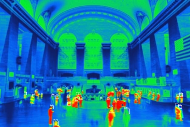 A digital display showing a real-time heat map of a concert venue, illustrating crowd density and movement. Strategic points are highlighted for security deployment. The interface is clean and intuitive, with data points clearly marked.
