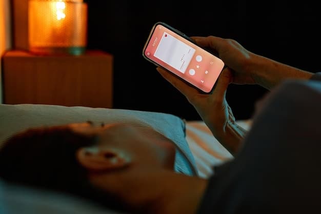 Someone lying in a dimly lit room, using a guided meditation app on their phone to relax and reduce stress after a concert.