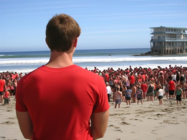 A side shot of a person crowd surfing, showing them protecting their head with their arms and looking forward. The crowd below is blurred, emphasizing the surfer's focus on safety and awareness.