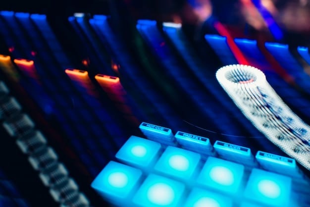 A close-up shot of a high-tech concert venue speaker system utilizing spatial audio technology, highlighting the intricate design and advanced audio capabilities.