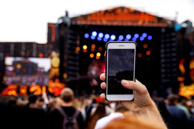 A smartphone displaying the Bandsintown app interface, showcasing upcoming concerts and artist tracking features. The screen highlights an event listing with details like date, time, and venue, emphasizing the app's user-friendly design.