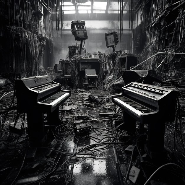 A photo of a recording studio, with instruments scattered and a microphone stand overturned, suggesting a scene of chaos and conflict. The lighting is dim and foreboding.