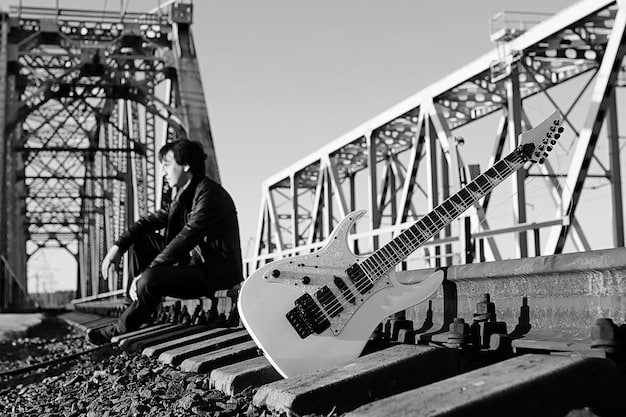 A black and white photo of a rock legend performing on stage, overlaid with legal symbols and diagrams representing the complexities of copyright law. The image conveys the intersection of art and law.