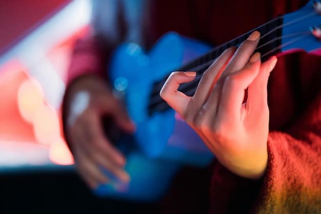 A close-up of a musician's hand shredding an electric guitar, with a blurred TikTok feed as the background, highlighting the blend of musical skill and digital platform.