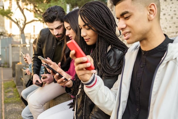 A diverse group of young adults in band t-shirts, actively engaging with their phones, scrolling through TikTok feeds, symbolizing a rock music community's digital interaction.