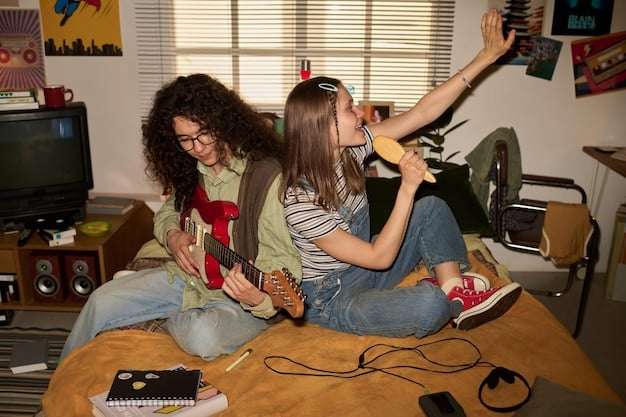 A diverse group of young rock musicians collaborating on a TikTok video, laughing and playing instruments together, highlighting creativity and connection.