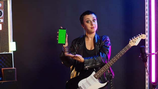A young rock musician engaging directly with their phone camera, singing passionately with their guitar, bathed in colorful, dynamic lighting, capturing the raw energy of a TikTok performance.