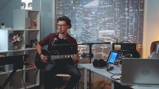 A professional studio recording setup with a musician playing an electric guitar, while a tablet displays TikTok's trending page, symbolizing the fusion of traditional music production with digital virality.
