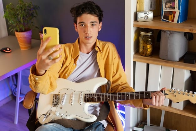 A young rock artist, possibly a guitarist or vocalist, creating a short, dynamic performance video on TikTok in a dimly lit studio, focusing on their craft with a smartphone tripod set up.