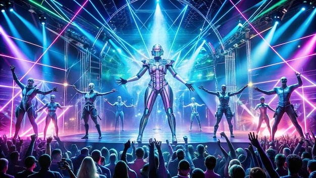 A concert stage featuring multiple robotic arms holding large LED panels, arranged in a dynamic pattern above the performers, creating a sense of movement and futuristic energy.