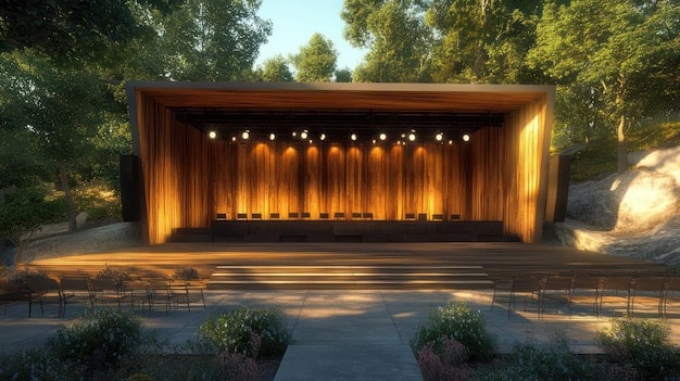 A concert venue showcasing a stage constructed with natural, reclaimed wood elements and illuminated by energy-efficient LED lights, emphasizing eco-friendly design rather than heavy tech.