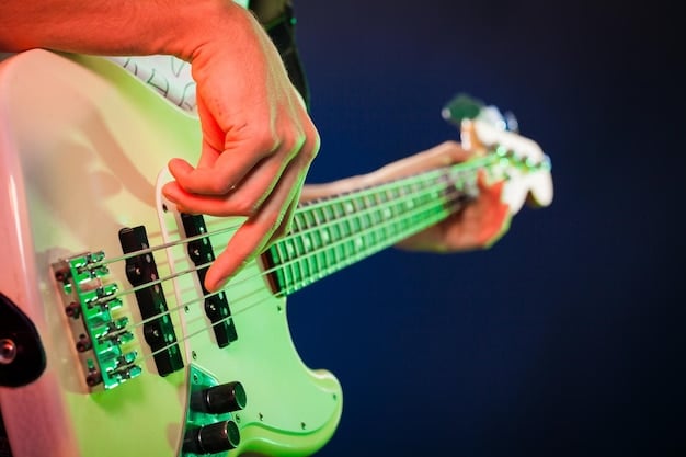 A close-up shot of a guitarist's hands passionately playing a worn-out electric guitar, with blurred stage lights in the background.