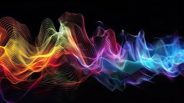 An abstract, vibrant graphic representing sound waves and musical energy, with neon colors highlighting movement and rhythm.