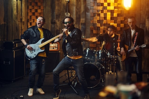 A diverse group of young, energetic musicians on stage, performing with modern rock instruments, showcasing a new era of rock bands. The lighting is contemporary and stylish, emphasizing new talent.